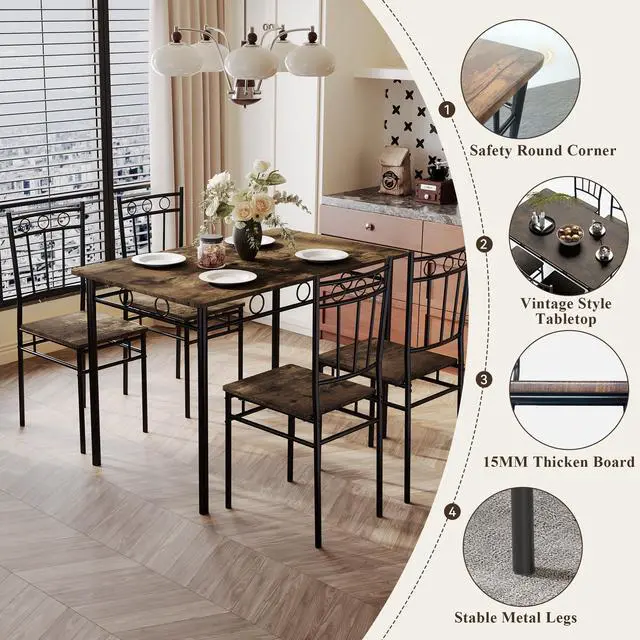 Alt view image 5 of 6 - 5 Piece Dining Table Set, Modern Metal&Wood Kitchen Dinner Table with 4 Chairs, Dining Room Table Sets for Small Spaces, Brown