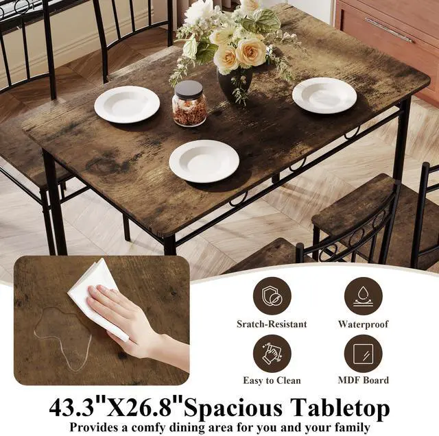 Alt view image 6 of 6 - 5 Piece Dining Table Set, Modern Metal&Wood Kitchen Dinner Table with 4 Chairs, Dining Room Table Sets for Small Spaces, Brown