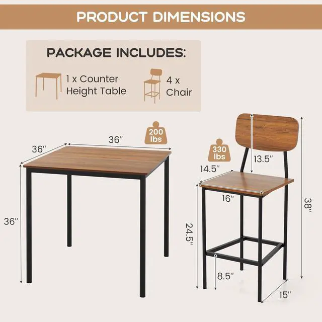 Alt view image 6 of 6 - Bar Height Table and Chairs, Counter-Height Dining Table Set, Pub Table and Chairs Set of 4, Space-Saving Dinette Set for Breakfast Nook