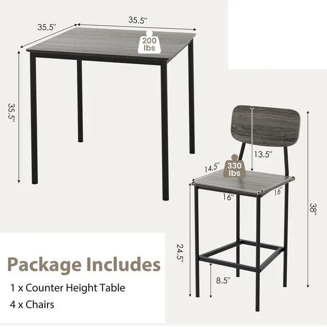 Alt view image 6 of 6 - Counter Height Dining Table Set, Bar Table and Chairs, Pub Table and Chairs Set of 4, Space-Saving Dinette Set for Breakfast Nook