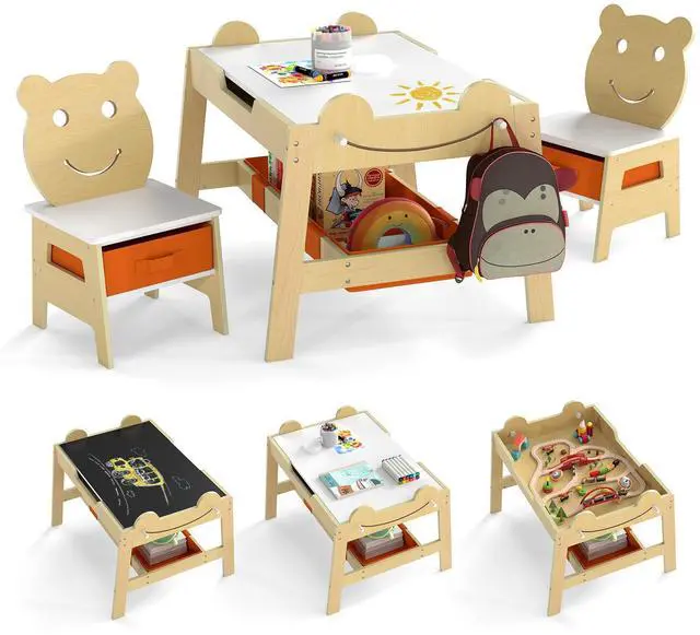 Main image of Kids Table and Chairs, Multifunctional Art Desk Set w/Chalkboard & Whiteboard, 4 Hooks, Large Storage Space and 2 Bins for Children 3+, Toddler Activity Table Set (Natural, 27.5 x 24 x 20)
