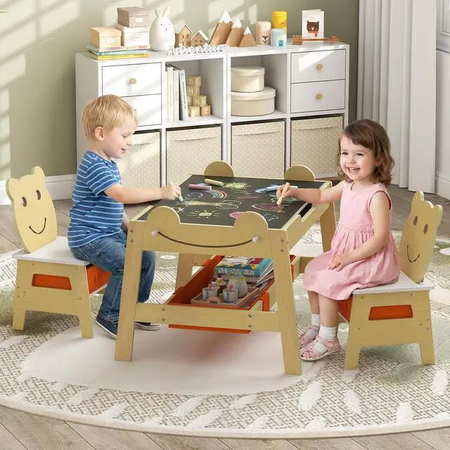 Alt view image 2 of 6 - Kids Table and Chairs, Multifunctional Art Desk Set w/Chalkboard & Whiteboard, 4 Hooks, Large Storage Space and 2 Bins for Children 3+, Toddler Activity Table Set (Natural, 27.5 x 24 x 20)