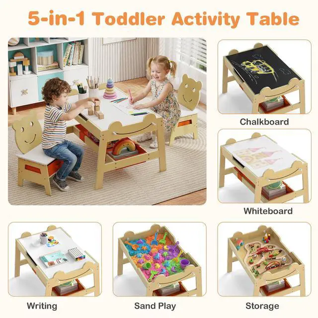 Alt view image 3 of 6 - Kids Table and Chairs, Multifunctional Art Desk Set w/Chalkboard & Whiteboard, 4 Hooks, Large Storage Space and 2 Bins for Children 3+, Toddler Activity Table Set (Natural, 27.5 x 24 x 20)
