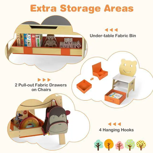 Alt view image 4 of 6 - Kids Table and Chairs, Multifunctional Art Desk Set w/Chalkboard & Whiteboard, 4 Hooks, Large Storage Space and 2 Bins for Children 3+, Toddler Activity Table Set (Natural, 27.5 x 24 x 20)