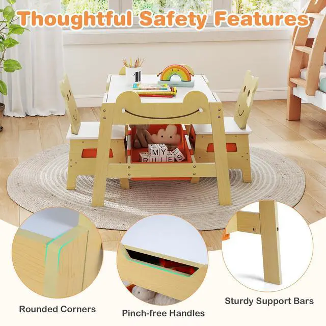 Alt view image 5 of 6 - Kids Table and Chairs, Multifunctional Art Desk Set w/Chalkboard & Whiteboard, 4 Hooks, Large Storage Space and 2 Bins for Children 3+, Toddler Activity Table Set (Natural, 27.5 x 24 x 20)