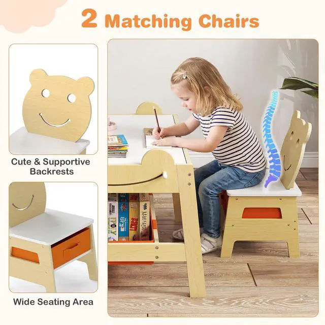 Alt view image 6 of 6 - Kids Table and Chairs, Multifunctional Art Desk Set w/Chalkboard & Whiteboard, 4 Hooks, Large Storage Space and 2 Bins for Children 3+, Toddler Activity Table Set (Natural, 27.5 x 24 x 20)