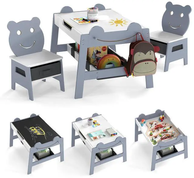 Main image of Kids Table and Chairs, Multifunctional Art Desk Set w/Chalkboard & Whiteboard, 4 Hooks, Large Storage Space and 2 Bins for Children 3+, Toddler Activity Table Set (Gray, 27.5 x 24 x 20)