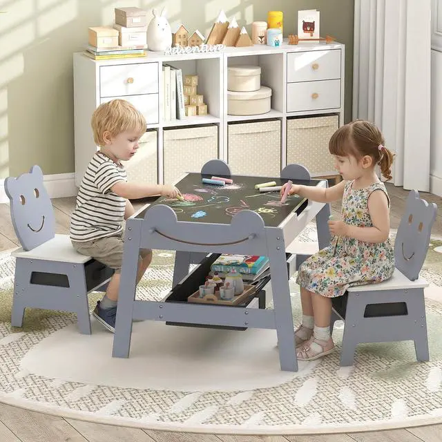 Alt view image 2 of 6 - Kids Table and Chairs, Multifunctional Art Desk Set w/Chalkboard & Whiteboard, 4 Hooks, Large Storage Space and 2 Bins for Children 3+, Toddler Activity Table Set (Gray, 27.5 x 24 x 20)