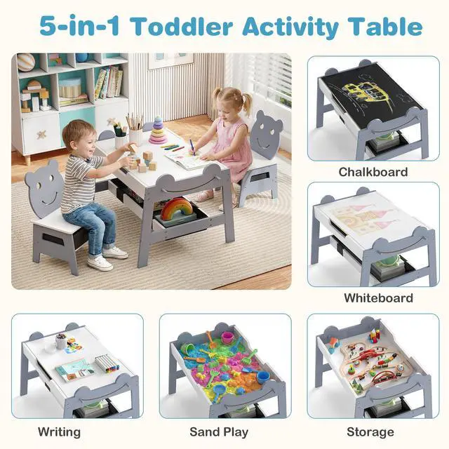 Alt view image 3 of 6 - Kids Table and Chairs, Multifunctional Art Desk Set w/Chalkboard & Whiteboard, 4 Hooks, Large Storage Space and 2 Bins for Children 3+, Toddler Activity Table Set (Gray, 27.5 x 24 x 20)