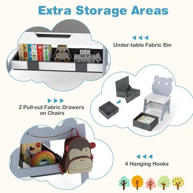 Alt view image 4 of 6 - Kids Table and Chairs, Multifunctional Art Desk Set w/Chalkboard & Whiteboard, 4 Hooks, Large Storage Space and 2 Bins for Children 3+, Toddler Activity Table Set (Gray, 27.5 x 24 x 20)