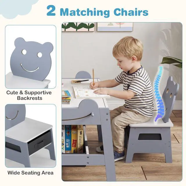 Alt view image 6 of 6 - Kids Table and Chairs, Multifunctional Art Desk Set w/Chalkboard & Whiteboard, 4 Hooks, Large Storage Space and 2 Bins for Children 3+, Toddler Activity Table Set (Gray, 27.5 x 24 x 20)