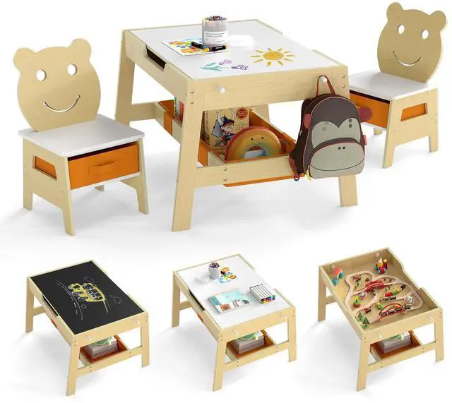 Main image of Kids Table and Chairs, Multifunctional Art Desk Set w/Chalkboard & Whiteboard, 4 Hooks, Large Storage Space and 2 Bins for Children 3+, Toddler Activity Table Set (Natural, 27.5 x 24 x 18)