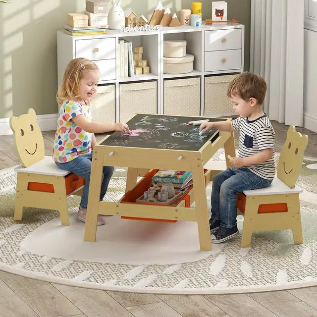 Alt view image 2 of 6 - Kids Table and Chairs, Multifunctional Art Desk Set w/Chalkboard & Whiteboard, 4 Hooks, Large Storage Space and 2 Bins for Children 3+, Toddler Activity Table Set (Natural, 27.5 x 24 x 18)