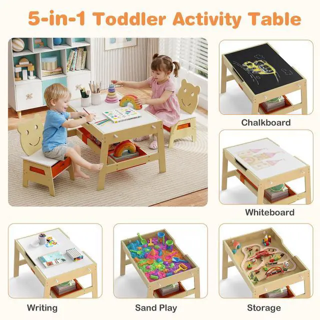 Alt view image 3 of 6 - Kids Table and Chairs, Multifunctional Art Desk Set w/Chalkboard & Whiteboard, 4 Hooks, Large Storage Space and 2 Bins for Children 3+, Toddler Activity Table Set (Natural, 27.5 x 24 x 18)
