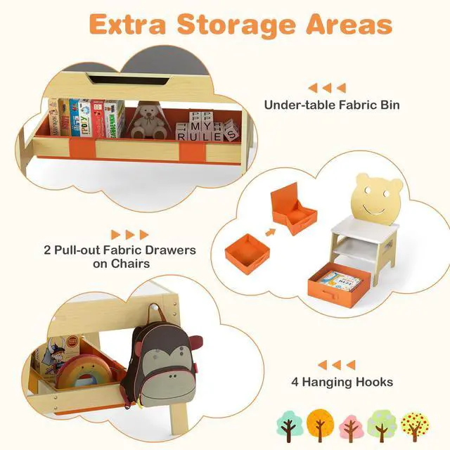 Alt view image 4 of 6 - Kids Table and Chairs, Multifunctional Art Desk Set w/Chalkboard & Whiteboard, 4 Hooks, Large Storage Space and 2 Bins for Children 3+, Toddler Activity Table Set (Natural, 27.5 x 24 x 18)