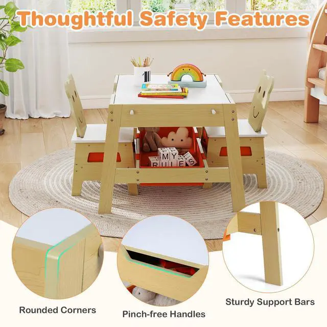 Alt view image 5 of 6 - Kids Table and Chairs, Multifunctional Art Desk Set w/Chalkboard & Whiteboard, 4 Hooks, Large Storage Space and 2 Bins for Children 3+, Toddler Activity Table Set (Natural, 27.5 x 24 x 18)