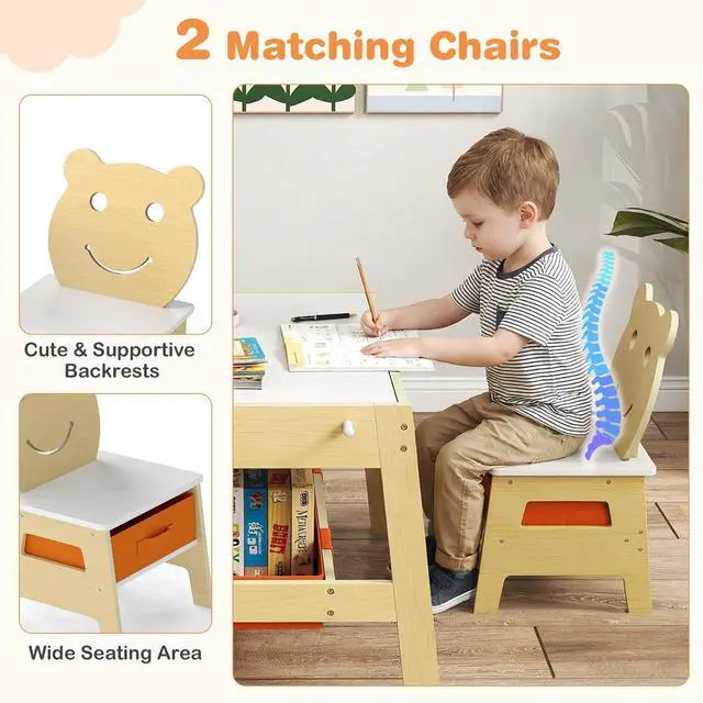 Alt view image 6 of 6 - Kids Table and Chairs, Multifunctional Art Desk Set w/Chalkboard & Whiteboard, 4 Hooks, Large Storage Space and 2 Bins for Children 3+, Toddler Activity Table Set (Natural, 27.5 x 24 x 18)