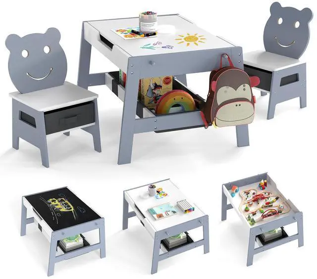 Main image of Kids Table and Chairs, Multifunctional Art Desk Set w/Chalkboard & Whiteboard, 4 Hooks, Large Storage Space and 2 Bins for Children 3+, Toddler Activity Table Set (Gray, 27.5 x 24 x 18)