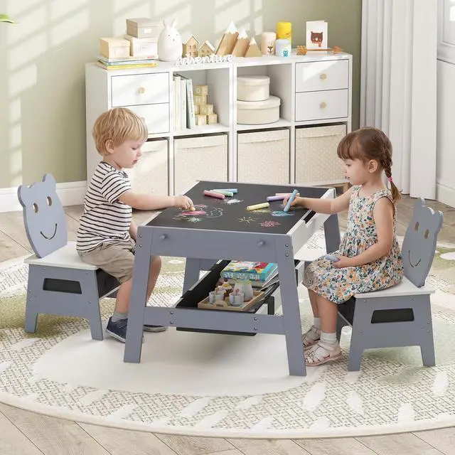 Alt view image 2 of 6 - Kids Table and Chairs, Multifunctional Art Desk Set w/Chalkboard & Whiteboard, 4 Hooks, Large Storage Space and 2 Bins for Children 3+, Toddler Activity Table Set (Gray, 27.5 x 24 x 18)