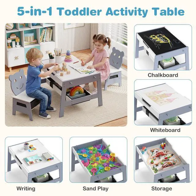 Alt view image 3 of 6 - Kids Table and Chairs, Multifunctional Art Desk Set w/Chalkboard & Whiteboard, 4 Hooks, Large Storage Space and 2 Bins for Children 3+, Toddler Activity Table Set (Gray, 27.5 x 24 x 18)
