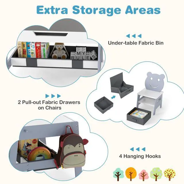 Alt view image 4 of 6 - Kids Table and Chairs, Multifunctional Art Desk Set w/Chalkboard & Whiteboard, 4 Hooks, Large Storage Space and 2 Bins for Children 3+, Toddler Activity Table Set (Gray, 27.5 x 24 x 18)