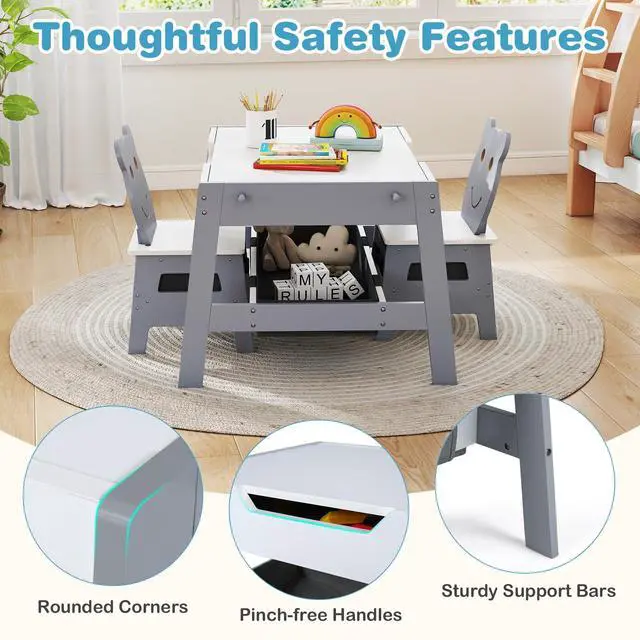 Alt view image 5 of 6 - Kids Table and Chairs, Multifunctional Art Desk Set w/Chalkboard & Whiteboard, 4 Hooks, Large Storage Space and 2 Bins for Children 3+, Toddler Activity Table Set (Gray, 27.5 x 24 x 18)