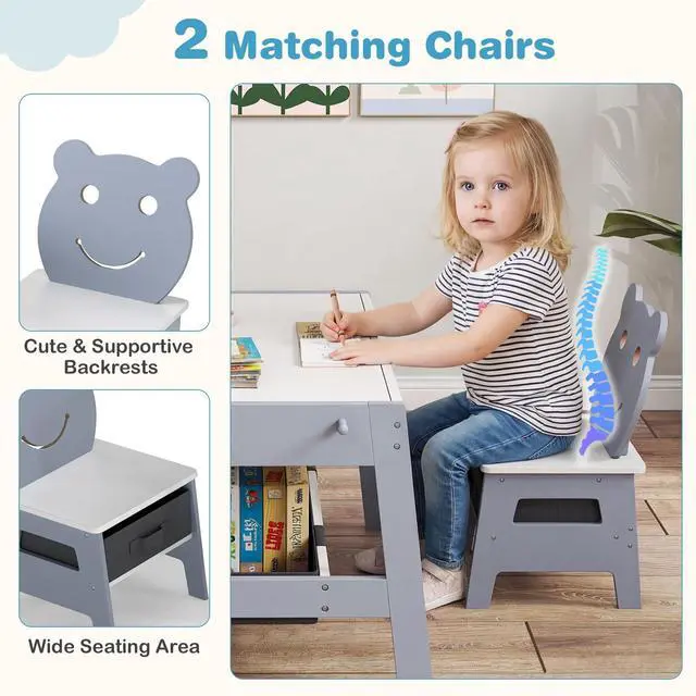 Alt view image 6 of 6 - Kids Table and Chairs, Multifunctional Art Desk Set w/Chalkboard & Whiteboard, 4 Hooks, Large Storage Space and 2 Bins for Children 3+, Toddler Activity Table Set (Gray, 27.5 x 24 x 18)