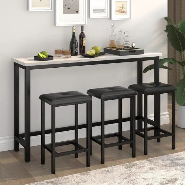 Alt view image 2 of 6 - Bar Table Set for 3, 60.2 Faux Marble Behind Couch Table Set, Modern Sofa Table with 3 Upholstered PU Stools, Space-Saving Bar Tables and Stools for Home, Apartment, Small Spaces (Black)
