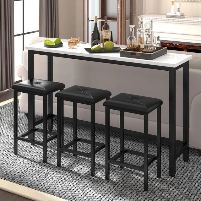 Alt view image 3 of 6 - Bar Table Set for 3, 60.2 Faux Marble Behind Couch Table Set, Modern Sofa Table with 3 Upholstered PU Stools, Space-Saving Bar Tables and Stools for Home, Apartment, Small Spaces (Black)