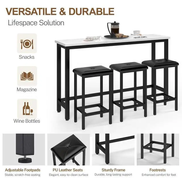 Alt view image 4 of 6 - Bar Table Set for 3, 60.2 Faux Marble Behind Couch Table Set, Modern Sofa Table with 3 Upholstered PU Stools, Space-Saving Bar Tables and Stools for Home, Apartment, Small Spaces (Black)