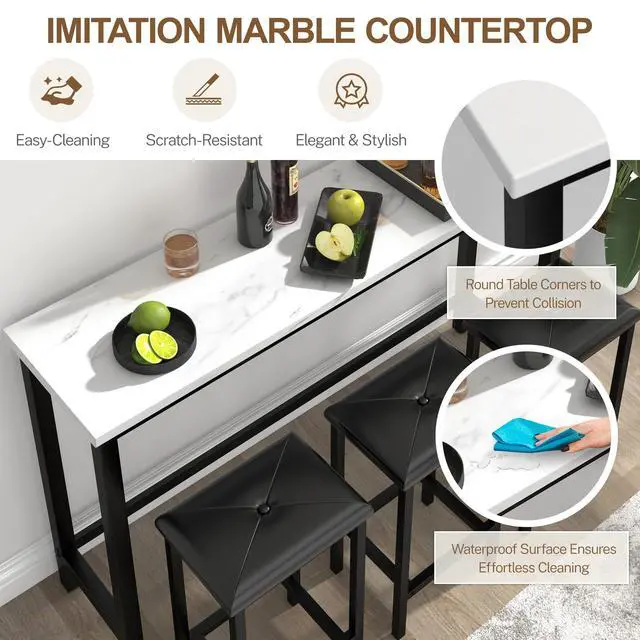 Alt view image 5 of 6 - Bar Table Set for 3, 60.2 Faux Marble Behind Couch Table Set, Modern Sofa Table with 3 Upholstered PU Stools, Space-Saving Bar Tables and Stools for Home, Apartment, Small Spaces (Black)