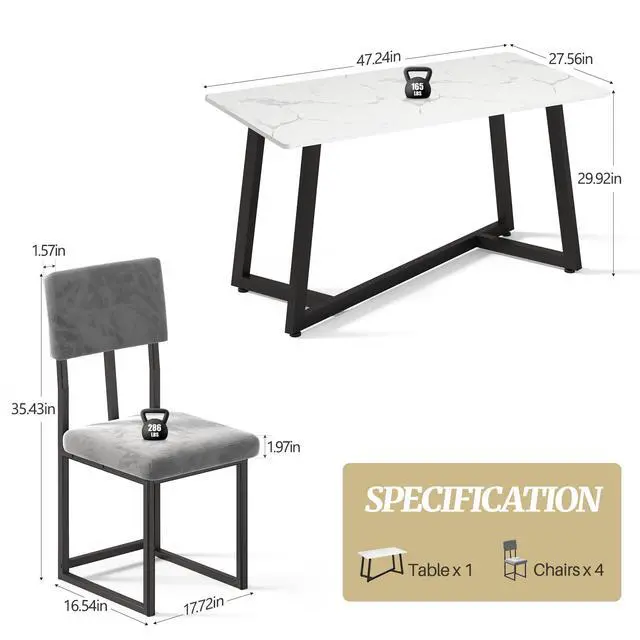 Alt view image 2 of 6 - 5-Piece Dining Table Set for 4, Modern Faux 47.24" Marble Kitchen Table with 4 Velvet Chairs, Stylish Small Dining Table Set for Apartments & Small Spaces