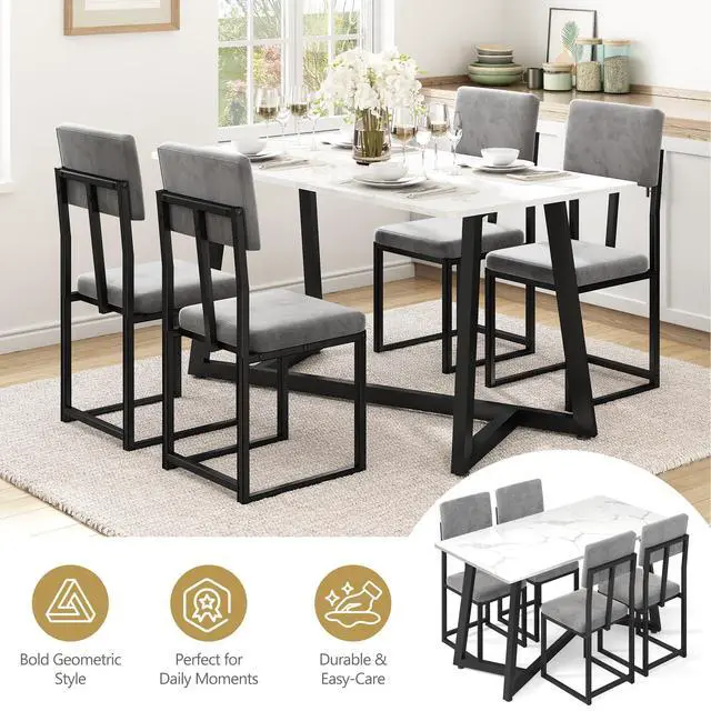 Alt view image 3 of 6 - 5-Piece Dining Table Set for 4, Modern Faux 47.24" Marble Kitchen Table with 4 Velvet Chairs, Stylish Small Dining Table Set for Apartments & Small Spaces