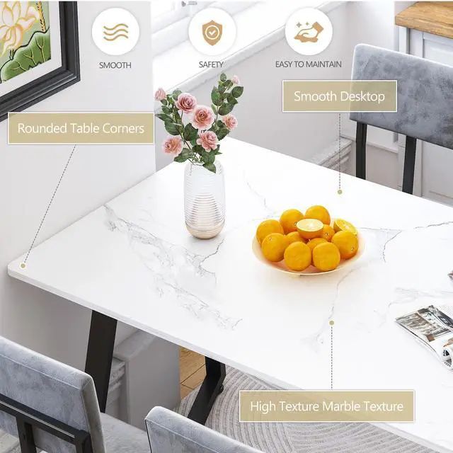 Alt view image 4 of 6 - 5-Piece Dining Table Set for 4, Modern Faux 47.24" Marble Kitchen Table with 4 Velvet Chairs, Stylish Small Dining Table Set for Apartments & Small Spaces