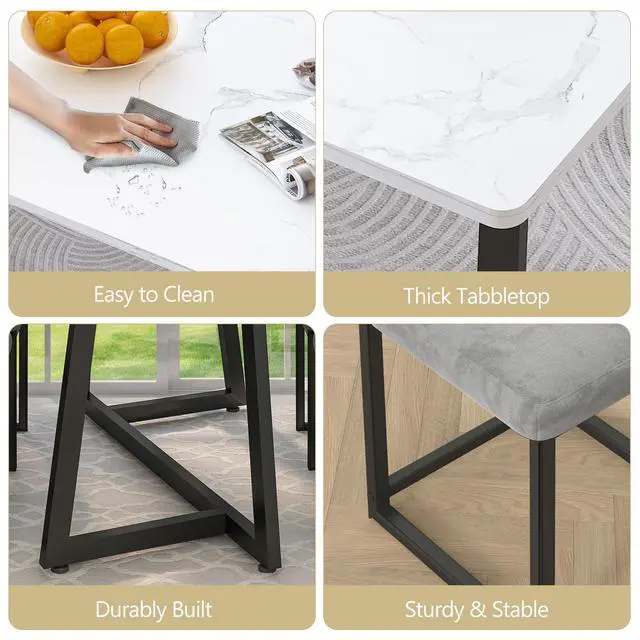 Alt view image 6 of 6 - 5-Piece Dining Table Set for 4, Modern Faux 47.24" Marble Kitchen Table with 4 Velvet Chairs, Stylish Small Dining Table Set for Apartments & Small Spaces