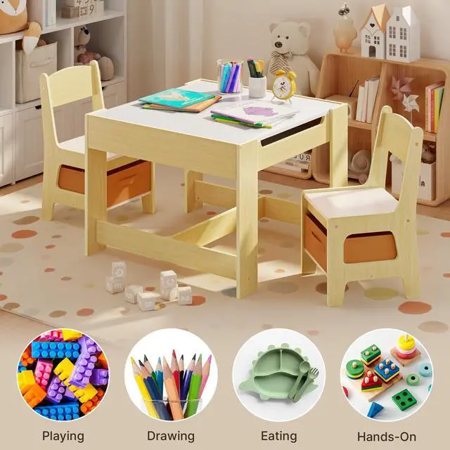 Alt view image 2 of 6 - 3-in-1 Kids Table and Chair Set with Removable Tabletop Storage, Toddler Craft Table and Chairs for Drawing Playing Studying Eating in Playroom Kids Room Living Room, Natural