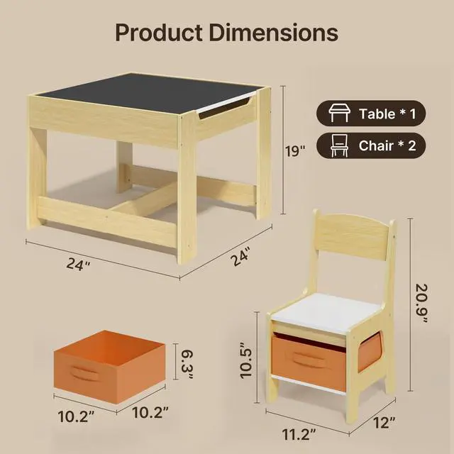 Alt view image 3 of 6 - 3-in-1 Kids Table and Chair Set with Removable Tabletop Storage, Toddler Craft Table and Chairs for Drawing Playing Studying Eating in Playroom Kids Room Living Room, Natural