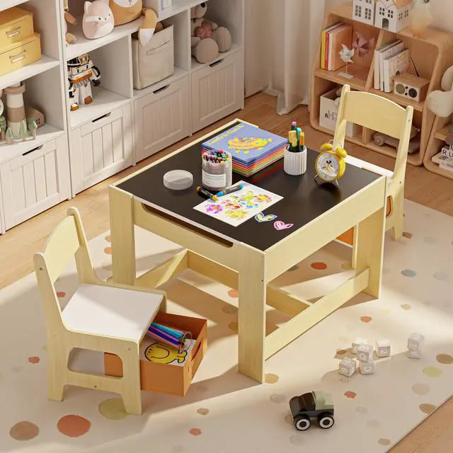 Alt view image 4 of 6 - 3-in-1 Kids Table and Chair Set with Removable Tabletop Storage, Toddler Craft Table and Chairs for Drawing Playing Studying Eating in Playroom Kids Room Living Room, Natural