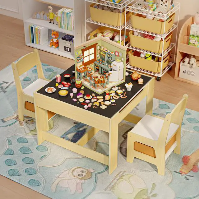 Alt view image 5 of 6 - 3-in-1 Kids Table and Chair Set with Removable Tabletop Storage, Toddler Craft Table and Chairs for Drawing Playing Studying Eating in Playroom Kids Room Living Room, Natural