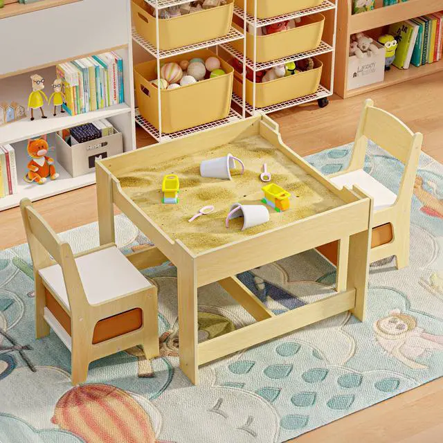 Alt view image 6 of 6 - 3-in-1 Kids Table and Chair Set with Removable Tabletop Storage, Toddler Craft Table and Chairs for Drawing Playing Studying Eating in Playroom Kids Room Living Room, Natural