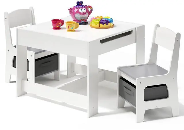 Main image of 3-in-1 Kids Table and Chair Set with Removable Tabletop Storage, Toddler Craft Table and Chairs for Drawing Playing Studying Eating in Playroom Kids Room Living Room, White