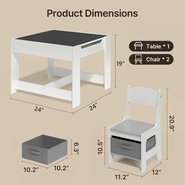 Alt view image 2 of 6 - 3-in-1 Kids Table and Chair Set with Removable Tabletop Storage, Toddler Craft Table and Chairs for Drawing Playing Studying Eating in Playroom Kids Room Living Room, White