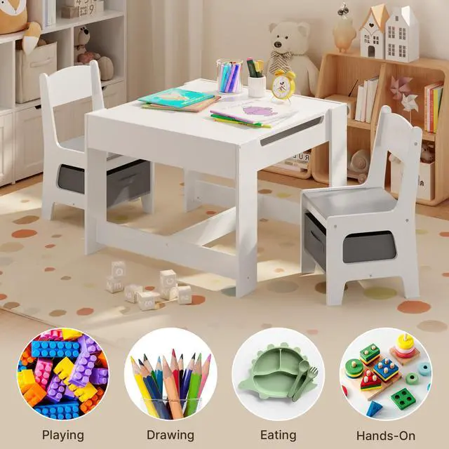 Alt view image 3 of 6 - 3-in-1 Kids Table and Chair Set with Removable Tabletop Storage, Toddler Craft Table and Chairs for Drawing Playing Studying Eating in Playroom Kids Room Living Room, White