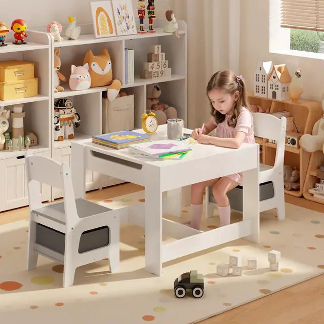 Alt view image 4 of 6 - 3-in-1 Kids Table and Chair Set with Removable Tabletop Storage, Toddler Craft Table and Chairs for Drawing Playing Studying Eating in Playroom Kids Room Living Room, White