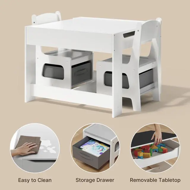 Alt view image 5 of 6 - 3-in-1 Kids Table and Chair Set with Removable Tabletop Storage, Toddler Craft Table and Chairs for Drawing Playing Studying Eating in Playroom Kids Room Living Room, White