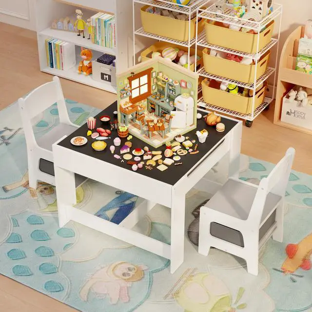 Alt view image 6 of 6 - 3-in-1 Kids Table and Chair Set with Removable Tabletop Storage, Toddler Craft Table and Chairs for Drawing Playing Studying Eating in Playroom Kids Room Living Room, White