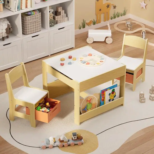 Main image of 4-in-1 Kids Table and Chair Set with Removable Tabletop Storage, Toddler Craft Table and Chairs for Drawing Playing Studying Eating in Playroom Kids Room Living Room, Natural