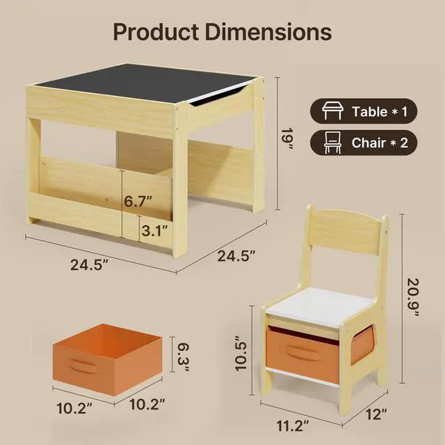 Alt view image 2 of 6 - 4-in-1 Kids Table and Chair Set with Removable Tabletop Storage, Toddler Craft Table and Chairs for Drawing Playing Studying Eating in Playroom Kids Room Living Room, Natural