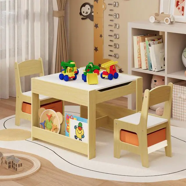 Alt view image 3 of 6 - 4-in-1 Kids Table and Chair Set with Removable Tabletop Storage, Toddler Craft Table and Chairs for Drawing Playing Studying Eating in Playroom Kids Room Living Room, Natural