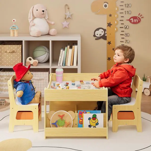 Alt view image 4 of 6 - 4-in-1 Kids Table and Chair Set with Removable Tabletop Storage, Toddler Craft Table and Chairs for Drawing Playing Studying Eating in Playroom Kids Room Living Room, Natural